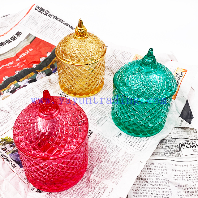 Luxurious Colorful Dome Candy Jars 400ml Diamond Embossed Colored Glass Candle Holder with Lids