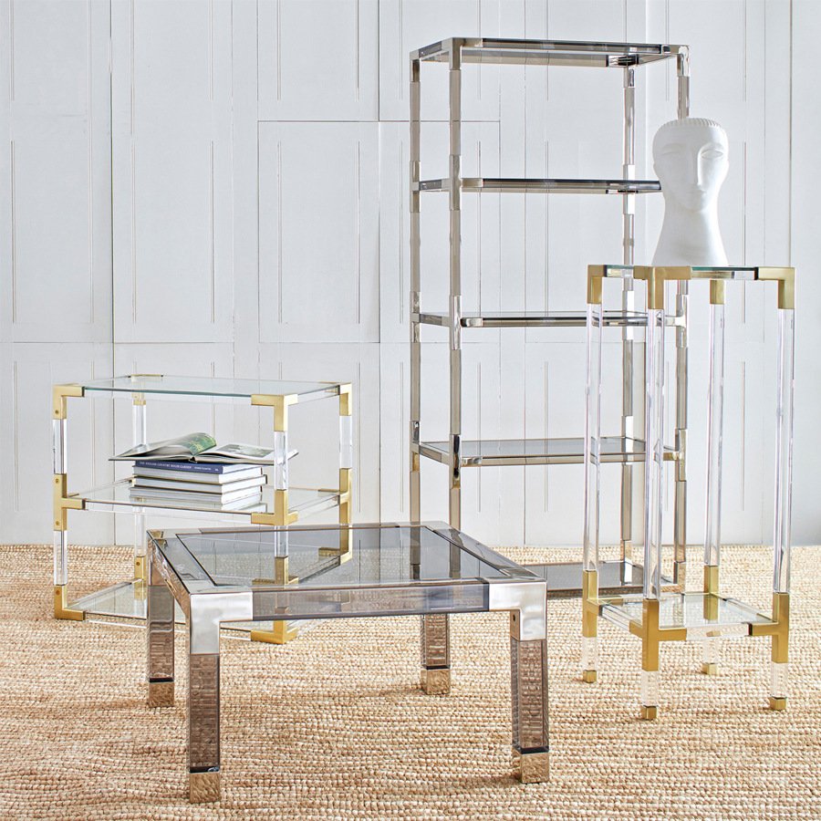 Gold Color Hardware Clear Acrylic Free Standing Shelves Lucite Shelf Cabinet