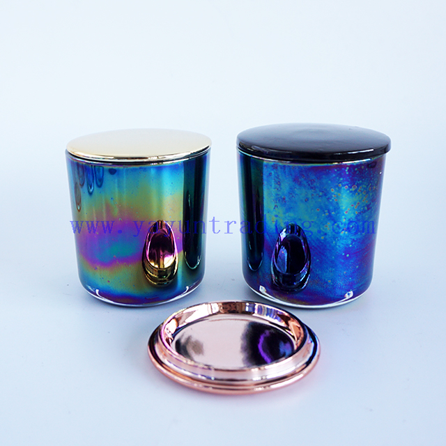 Colorful ion plating iridescent glass candle jars 8oz empty candle vessels with gold rose gold black lids