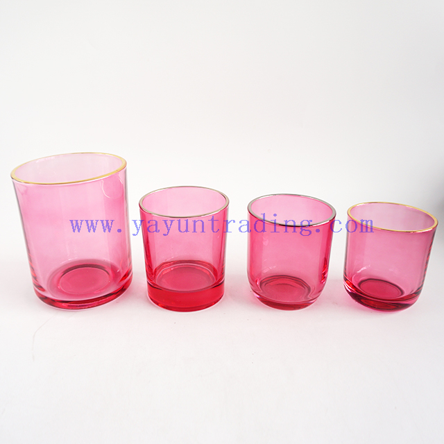 wholesale 600ml 300ml 250ml 180ml gold silver rim empty translucent pink glass jar candle holders