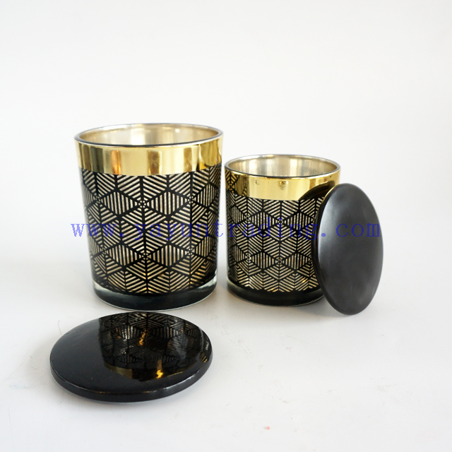 200ml 400ml Laser Engraved gold rim black Glass Candle Jars With black ceramic lids