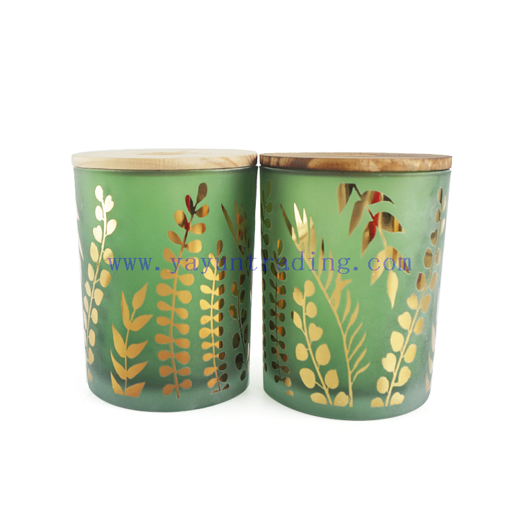 21oz green sandblasted candle jars with gold leaf pattern modern stylish candle holders for wedding