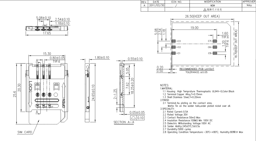 Sim Connector Pinout SIM Card Connector 6pin Pedal-Lift Height 1.8mm for Cellphone - Buy SIM ...