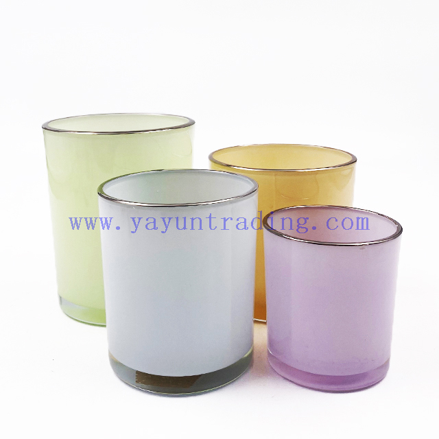 Luxury Empty Frosted Shiny Glass Candle Jar with Gold Silver Rim Flat Bottom Vessels