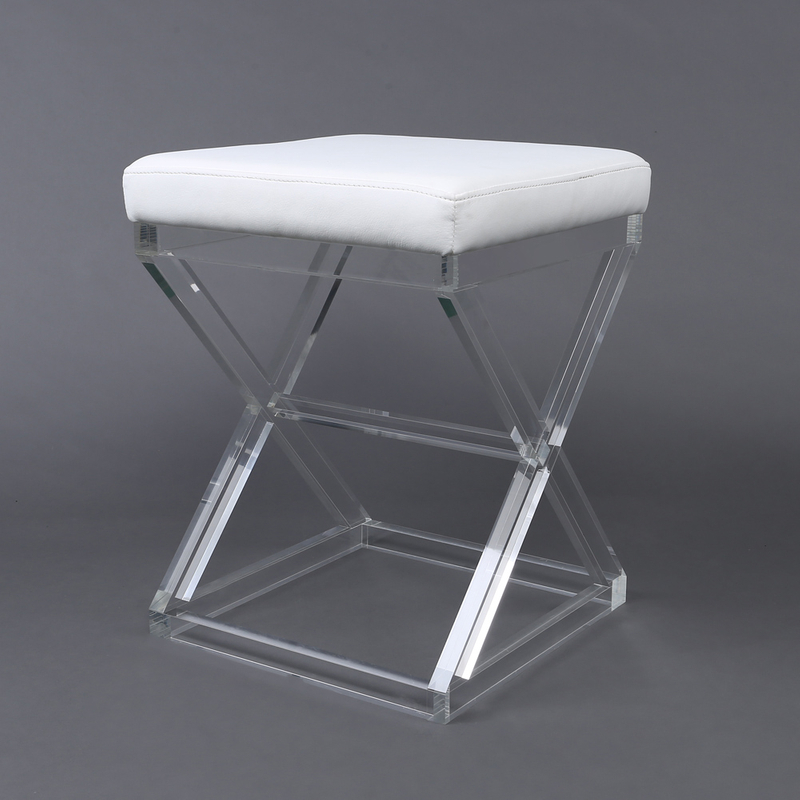 X Shape Bottom Acrylic Pedestal Leather Vanity Stool