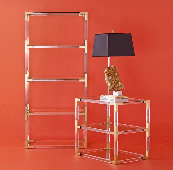 Gold Color Hardware Clear Acrylic Free Standing Shelves Lucite Shelf Cabinet