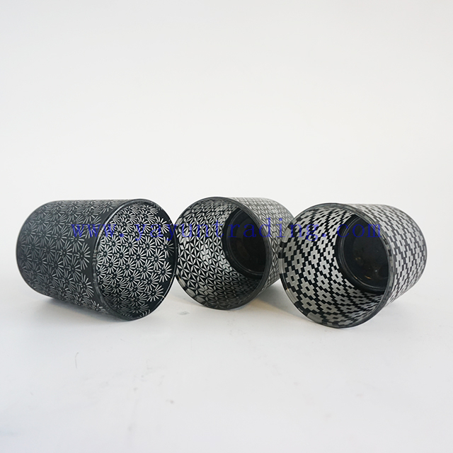 6oz hot sale laser cut black frosted glass candle holders unique candle vessels with black ceramic lids