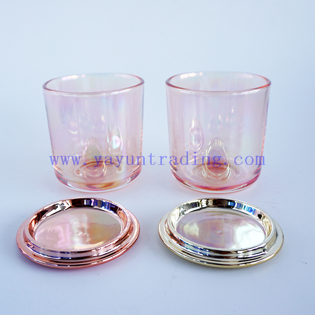 Ion plating luxury pink glass candle holder 8oz small empty candle containers with gold rose gold lids
