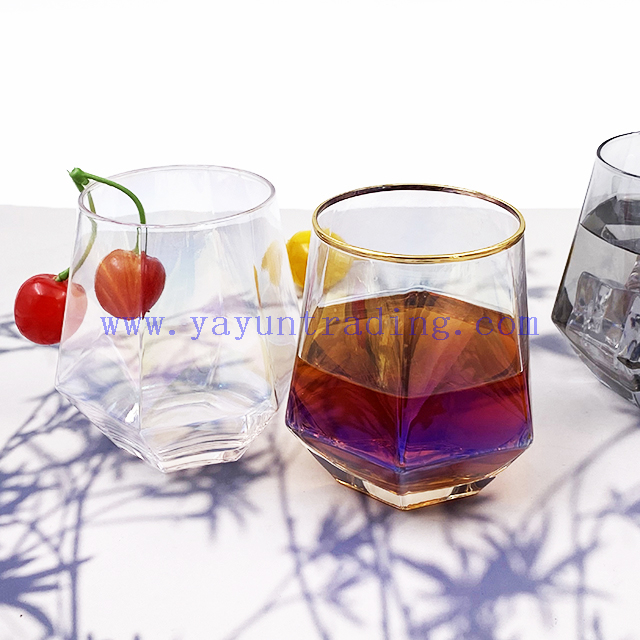 10oz Customized Clear Diamond Shaped Wine Whiskey Glass Gold Rim Geometric Water Drinking Glasses