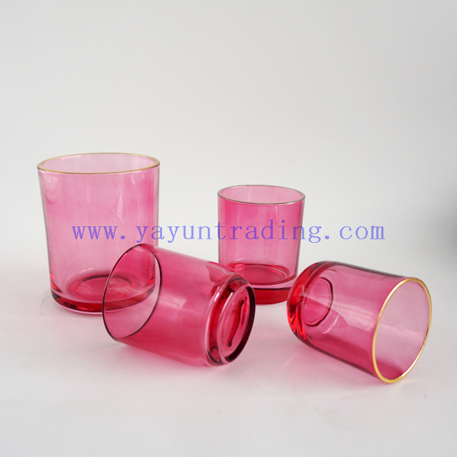 wholesale 600ml 300ml 250ml 180ml gold silver rim empty translucent pink glass jar candle holders