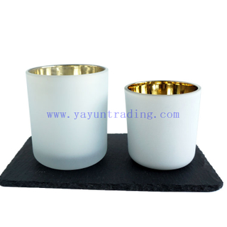 Wholesale 8oz 13oz gold electroplated frosted and white color glass candle holders with wooden lids