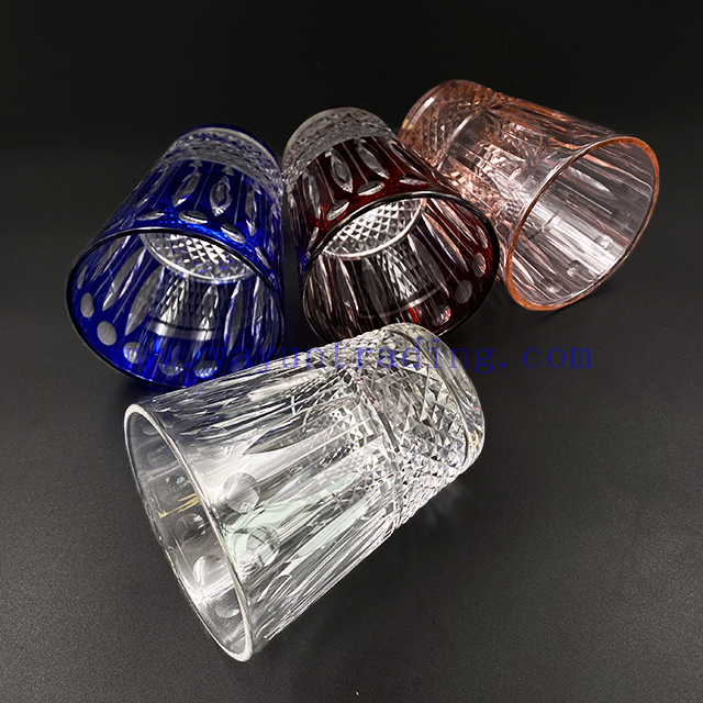 Hot Sale Ruby Red Blue Hand Cut To Clear Whiskey Glass Cup Hand Polished Glass Tumbler 