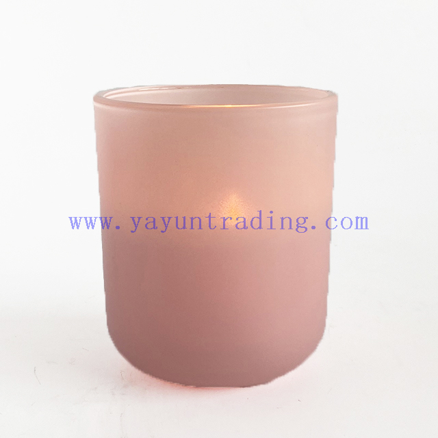Delicate Frosted Pink Round Empty Glass Candle Votive Jar with Lid for Decoration