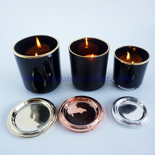 wholesale yayun best selling 8oz 12oz and 16oz black glass candle containers with gold rim and lids