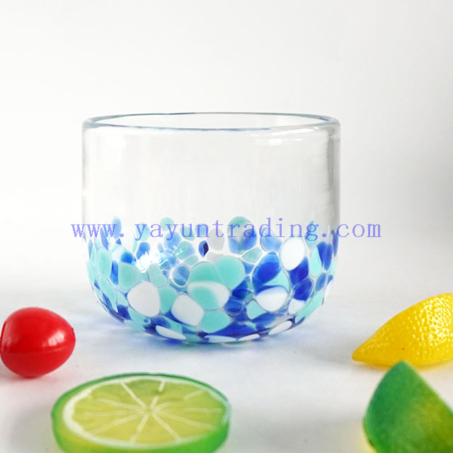 Yayun new design handmade clear glass candle jar with unique white and blue spots 17oz