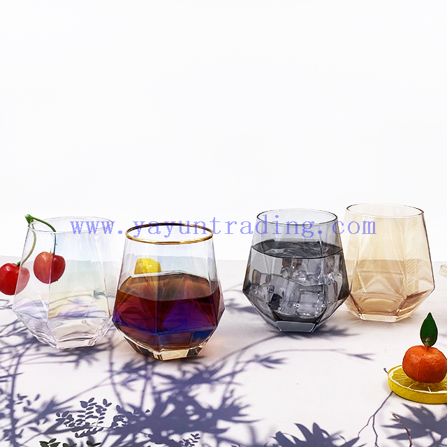 10oz Customized Clear Diamond Shaped Wine Whiskey Glass Gold Rim Geometric Water Drinking Glasses