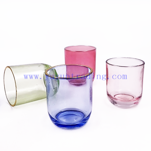 6oz 8oz Shiny Custom Colored Glass Jar Holders Gold Silver Rim Luxury Candle Container with Wooden Lids