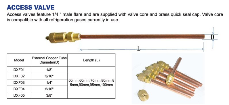 Acesso de válvula de cobre de 90 mm de comprimento para refrigeração