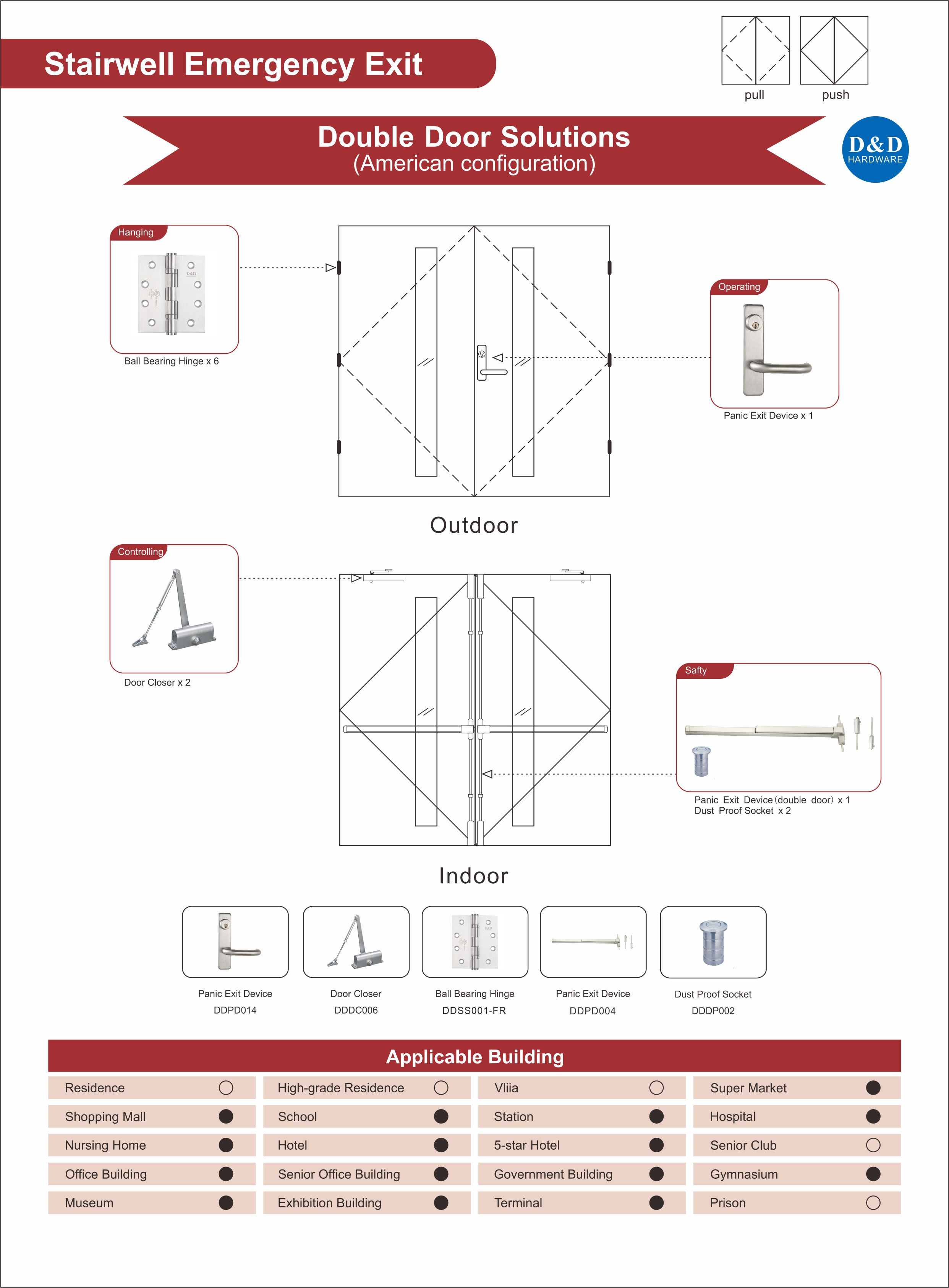 Stairwell Emergency Exit Fire Rated Steel Double Door Ironmongery untuk Gimnasium