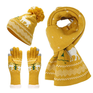 Yellow Reindeer Pattern Beanie, Scarf & Gloves Children Winter Festive Knit Set