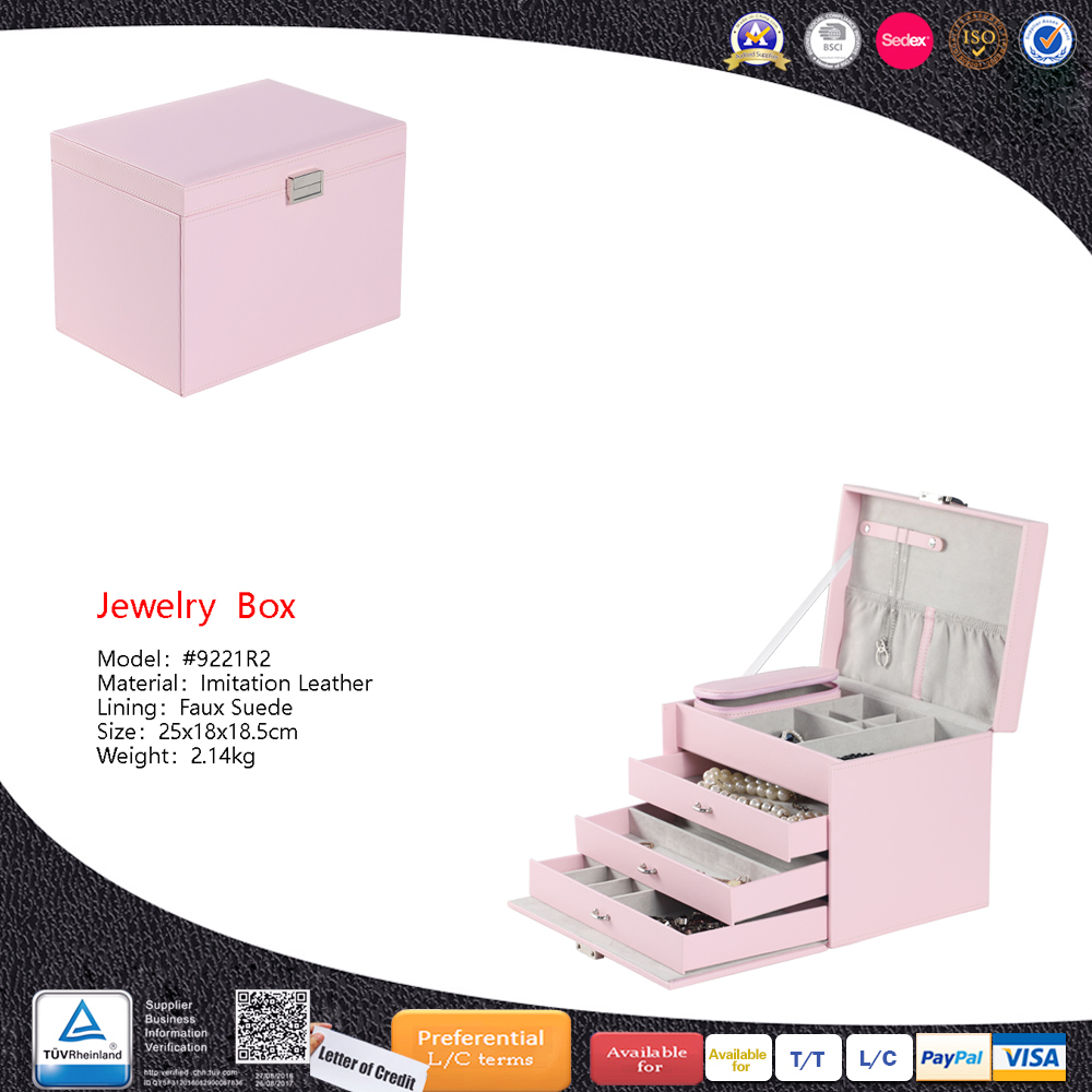 Pink PU Leather Huge Jewelry Box with Mirror Jewelry Set Organizer Necklace Ring Earring Storage Lockable Gift Case Folder Jewelry Box with Small Case