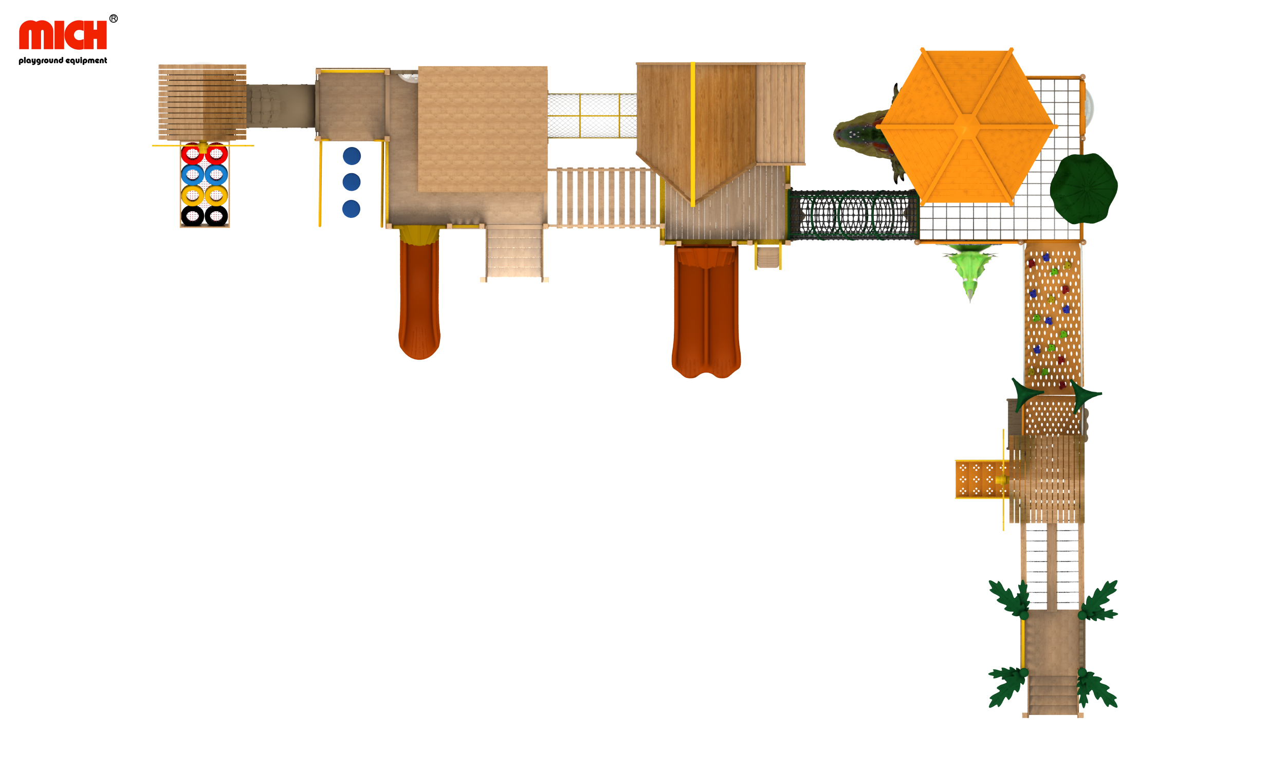 معدات ملعب خشبية في الهواء الطلق مع سقف