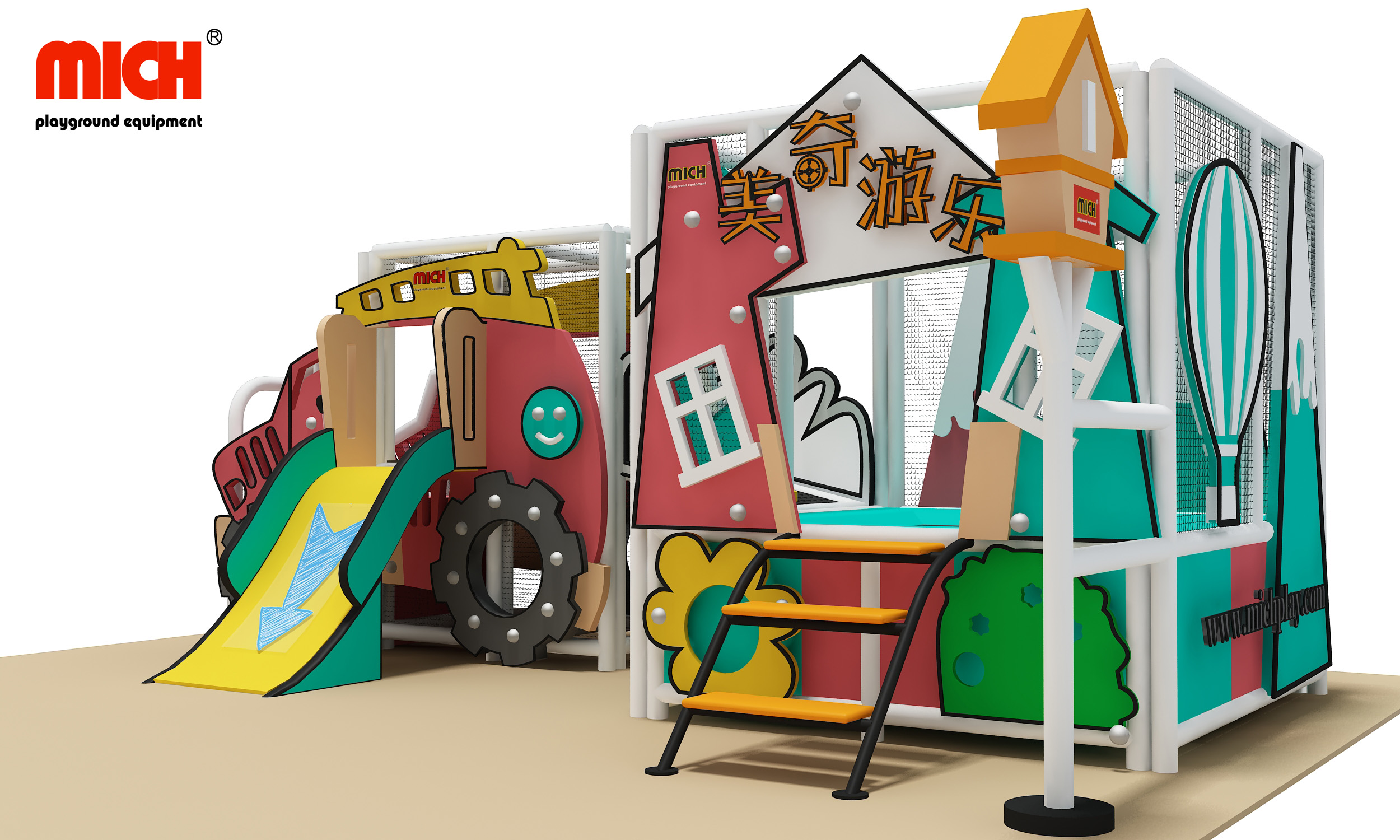 Cartunato di giochi per interni con cartone animato per bambini con set di trampolino