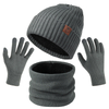 Men Black Gray Warm Beanie Scarf Gloves Knit Set