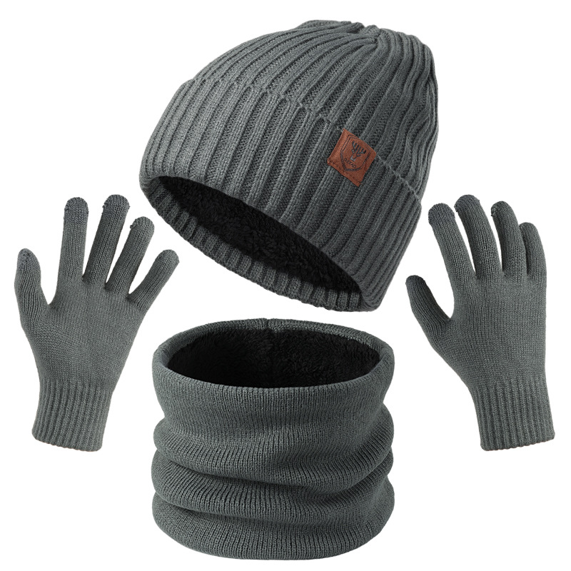 Men Black Gray Warm Beanie Scarf Gloves Knit Set