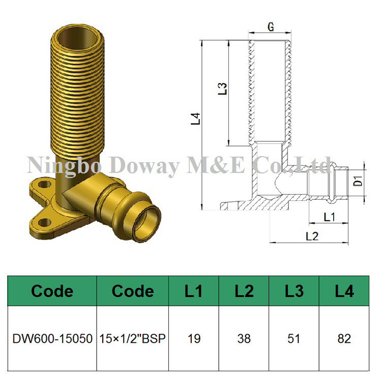 Coude m&acirc;le de plaque murale en laiton &agrave; cartouche de compression &agrave; 90 degr&eacute;s