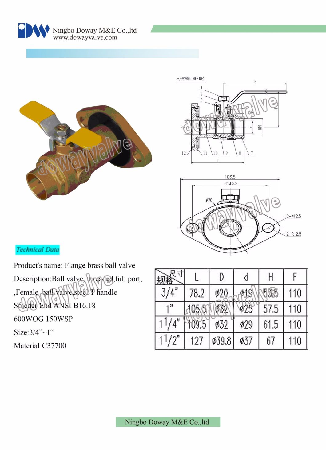 Vanne &agrave; bille &agrave; bride en laiton Vanne &agrave; passage int&eacute;gral