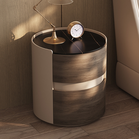 Round Nightstand Italian Minimalist Night Table Light Luxury Simple Leather Bedroom Rock Slate Bedside Table