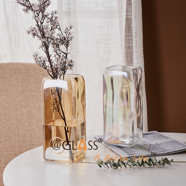 Ion Plating Square Colored Glass Flower Vase for Decoration