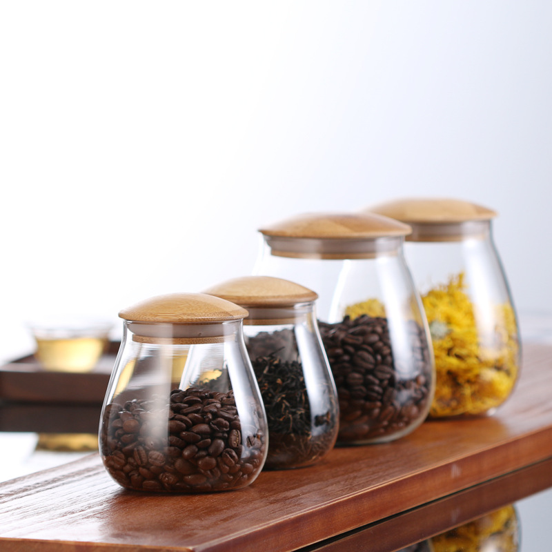 400ml Sealed Bamboo Lid Coffee Bean Storage Jar Mushroom-Shaped Glass Sealed Jar