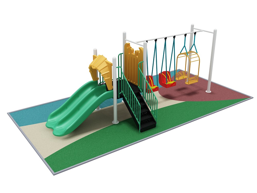Parco giochi all'aperto per bambini con oscillazioni e scivoli