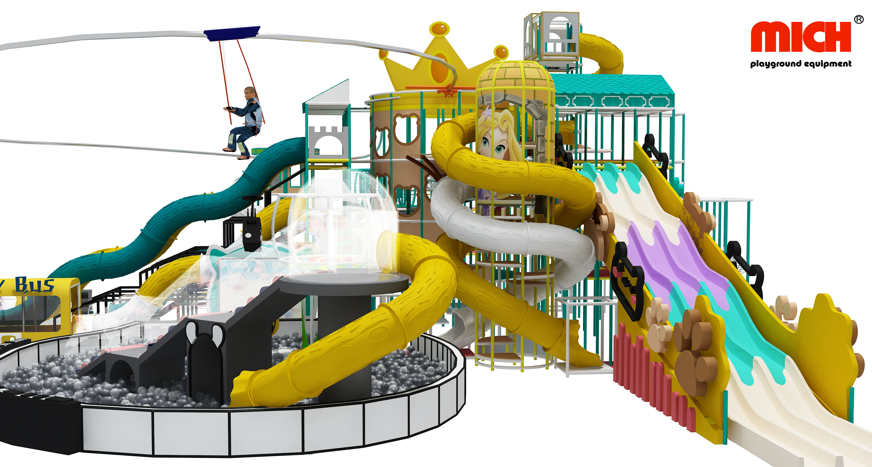 Casa de juego de interior de niños gigantes con Zipline