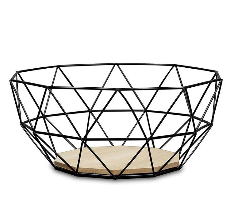 Black Geometric Metal Wire Wooden Base Decorative Storage/ Display Basket Fruit Bowl