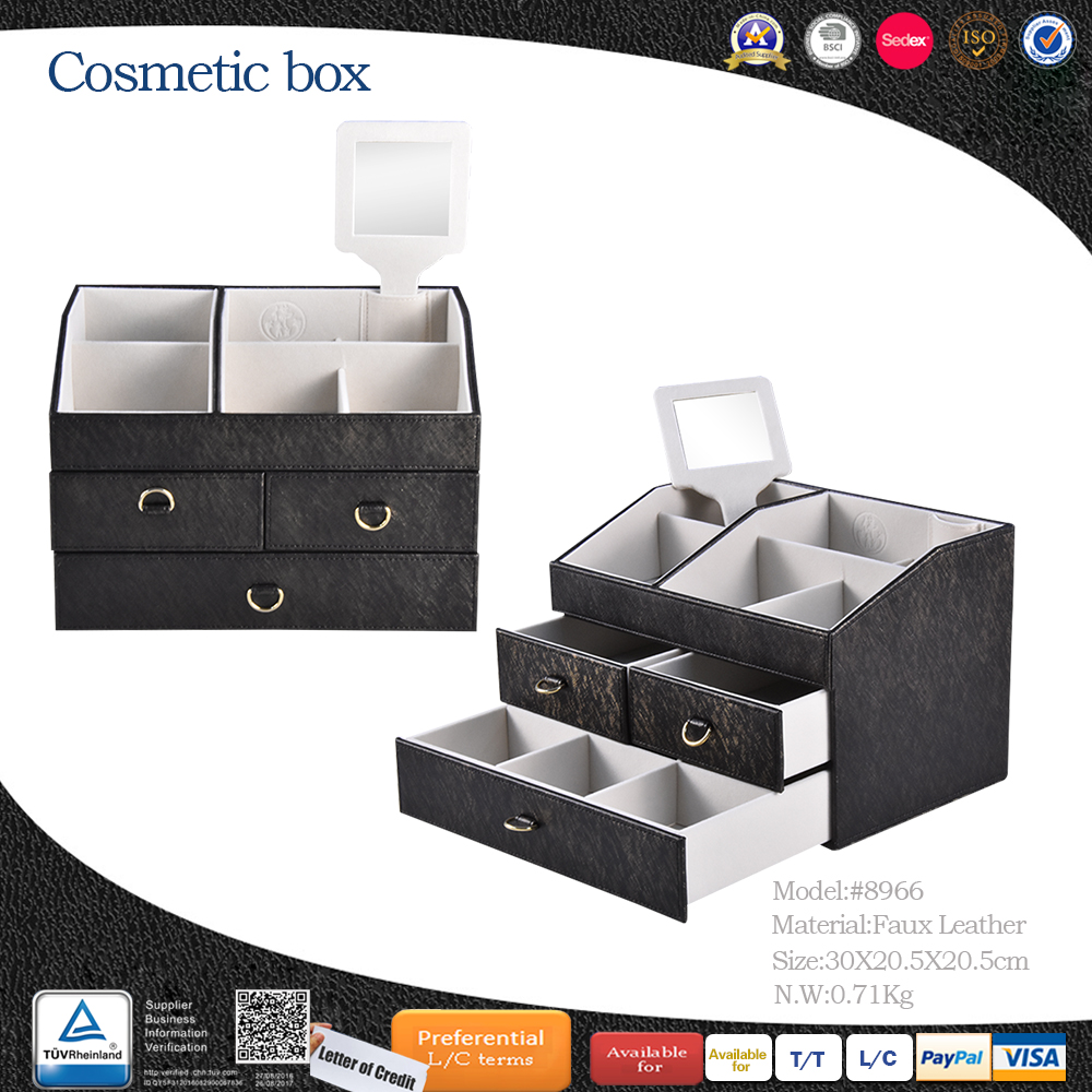 Custom Large Capacity Black PU Leather Women Jewelry Box Cosmetic Packaging Box 