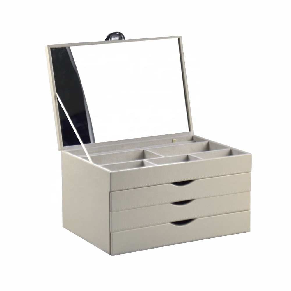 Custom Made PU Leather Jewelry Packaging Box with 3 Drawers And Mirror