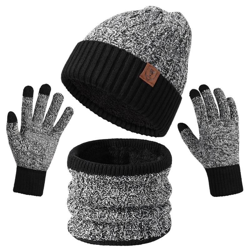 Men Black Gray Warm Beanie Scarf Gloves Knit Set