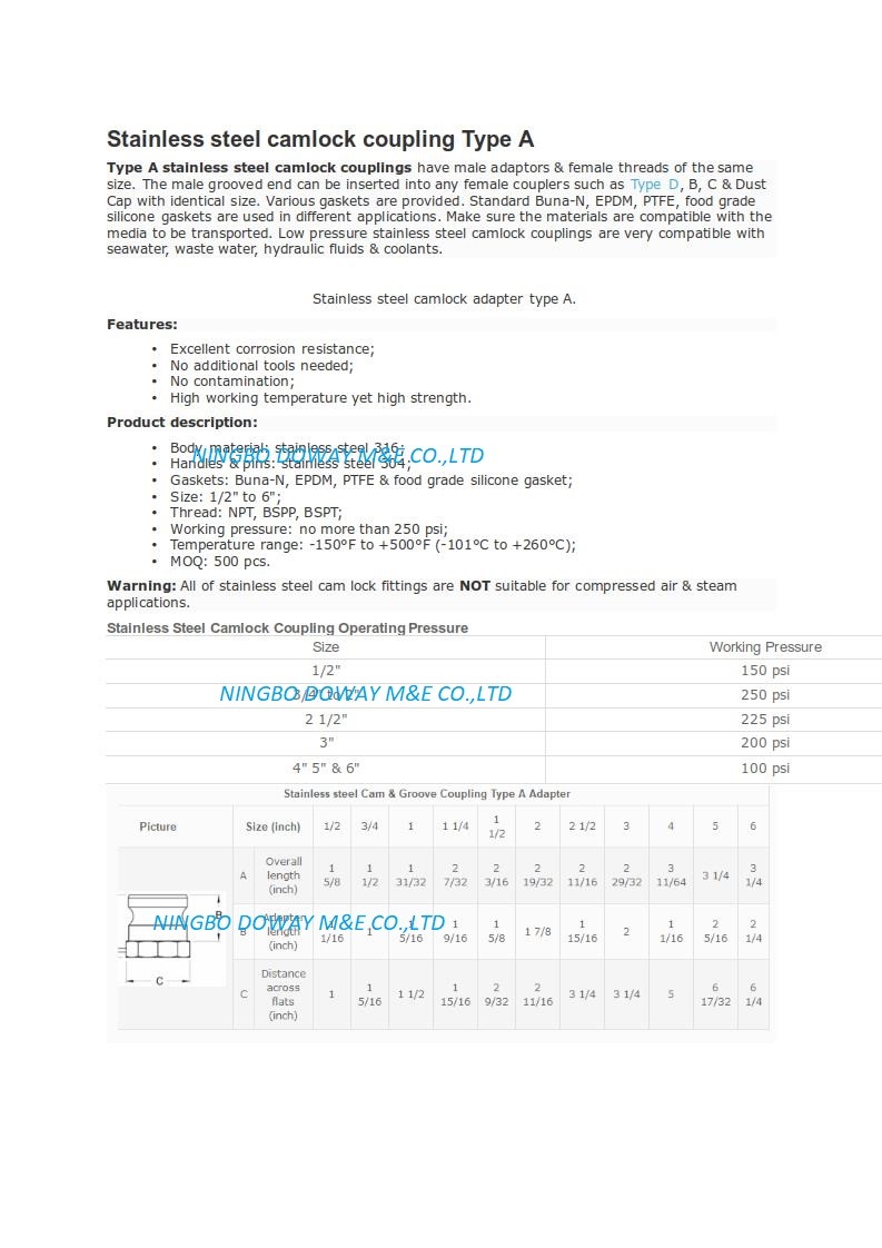 Accouplement de type A Camlock en acier inoxydable