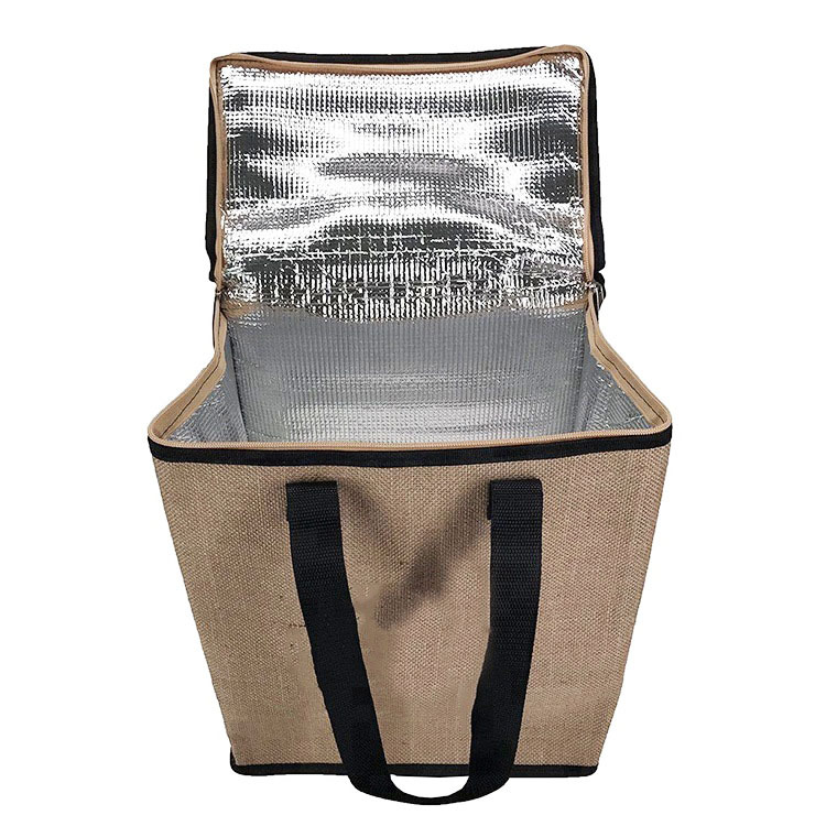 Custom Printed Burlap Handbag Natural Zippered Tote Bag Reusable Insulated Jute Cooler Bag