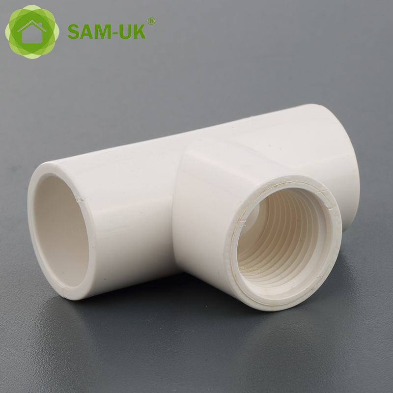 Sam-uk Fábrica al por mayor de plástico de alta calidad pvc tubería accesorios de plomería fabricantes 90 grados pvc hembra tee accesorios de tubería