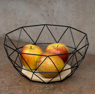 Black Geometric Metal Wire Wooden Base Decorative Storage/ Display Basket Fruit Bowl
