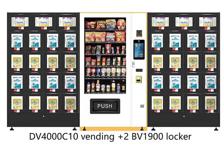 M&aacute;quina expendedora DV4000C10 con 2 taquillas BV1900, unidad de taquillas de venta combinada ampliable, m&aacute;quina expendedora de snacks con taquillas de almacenamiento