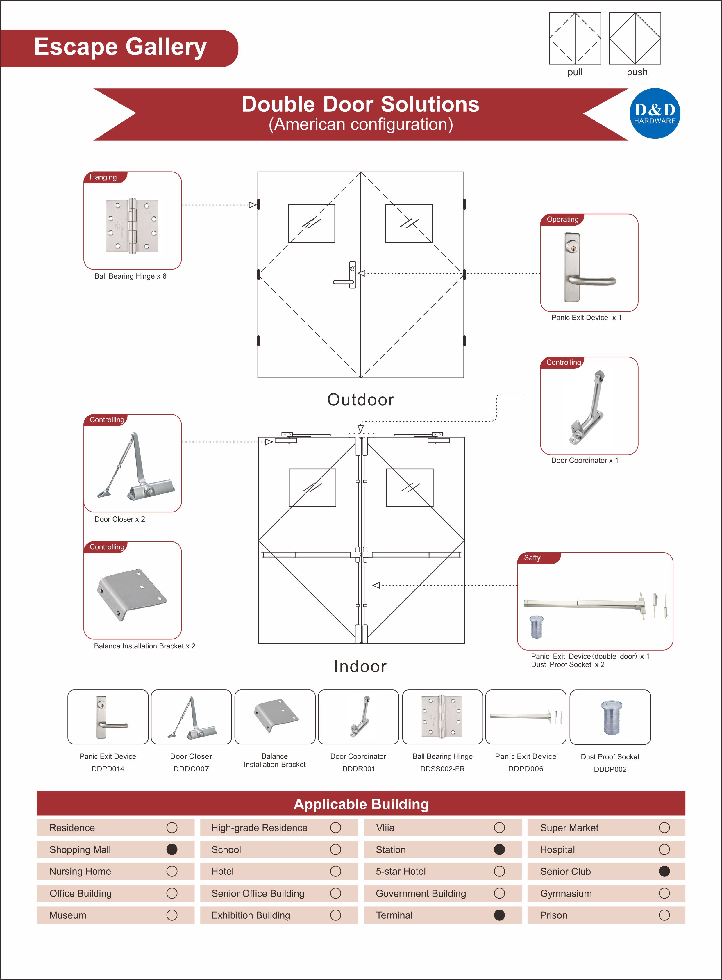 Escape Gallery Fire Dinilai Wooden Double Door Ironmongery untuk Shopping Mall