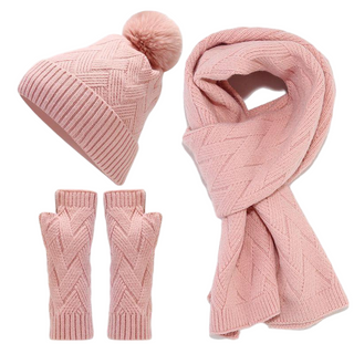 Kids Winter Warm Pink Three Piece Set Knit Scarf Beanie Gloves