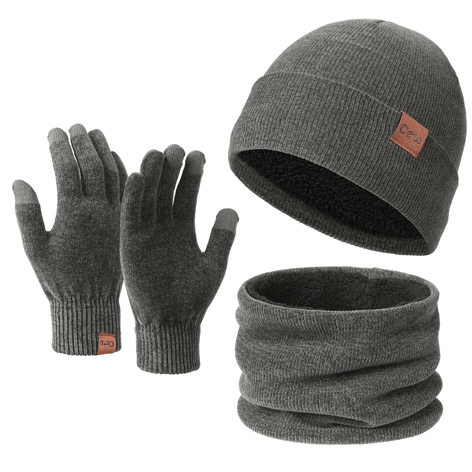 Men Black Gray Warm Beanie Scarf Gloves Knit Set