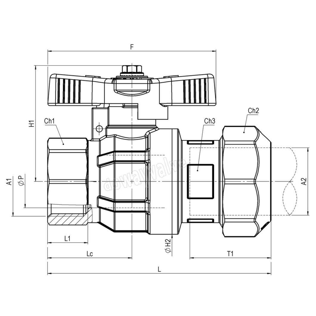 Vanne &agrave; bille &agrave; al&eacute;sage int&eacute;gral &agrave; gaz avec raccord &agrave; compression pour tuyau PE