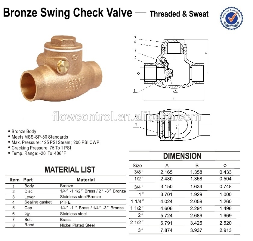 Clapet anti-retour en ligne de soudure en bronze